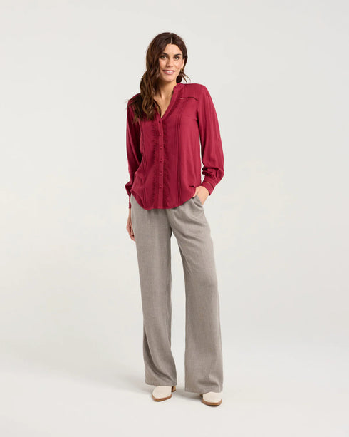 Black Stone Liberty Ruffle Neck Blouse - Port Wine