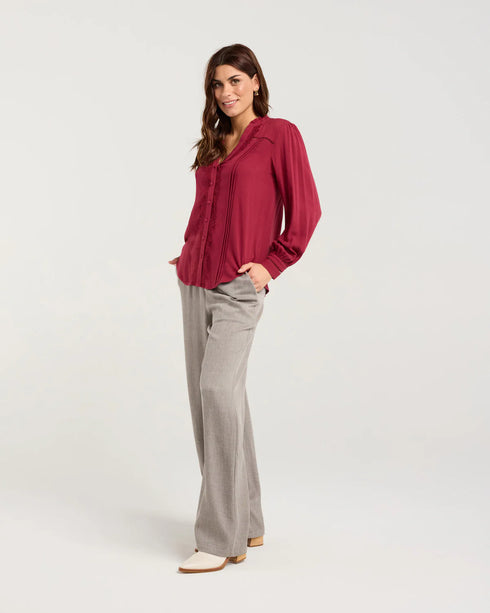 Black Stone Liberty Ruffle Neck Blouse - Port Wine