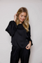 Suzy D V Neck Satin Top with Balloon Sleeves - Black