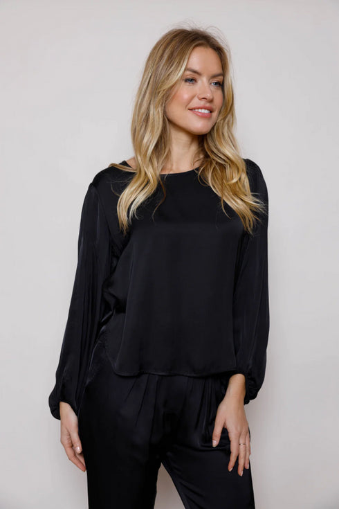 Suzy D V Neck Satin Top with Balloon Sleeves - Black