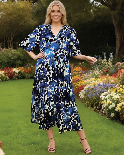 Glam V Neck Midi Dress 25221-1 Blue/White