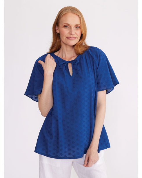 Yarra Trail Fluted Sleeve Embroidered Cotton Top - Regal Blue