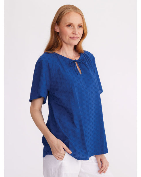 Yarra Trail Fluted Sleeve Embroidered Cotton Top - Regal Blue