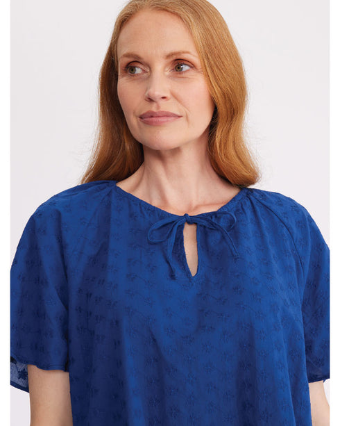Yarra Trail Fluted Sleeve Embroidered Cotton Top - Regal Blue