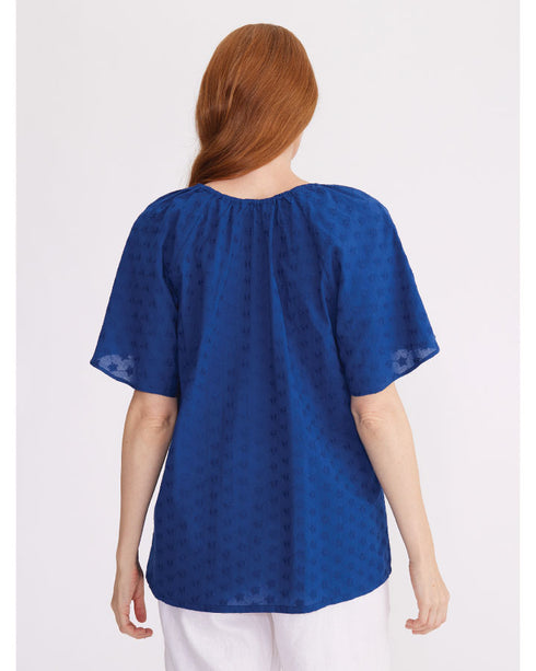 Yarra Trail Fluted Sleeve Embroidered Cotton Top - Regal Blue