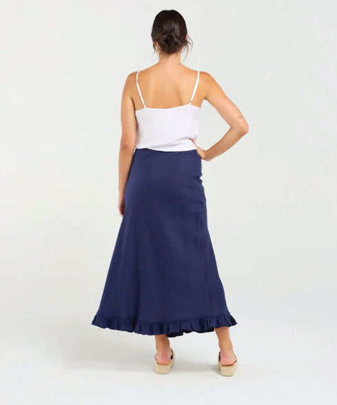 Black Stone Carine Frill Hem Linen Skirt - French Navy
