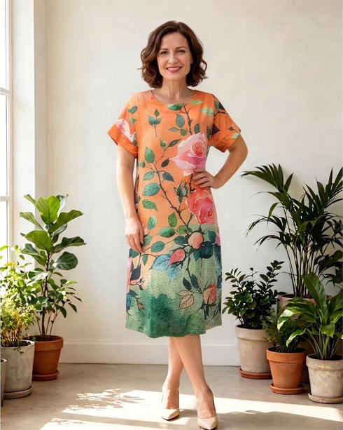 Glam Round Neck Orange Roses Cotton Dress