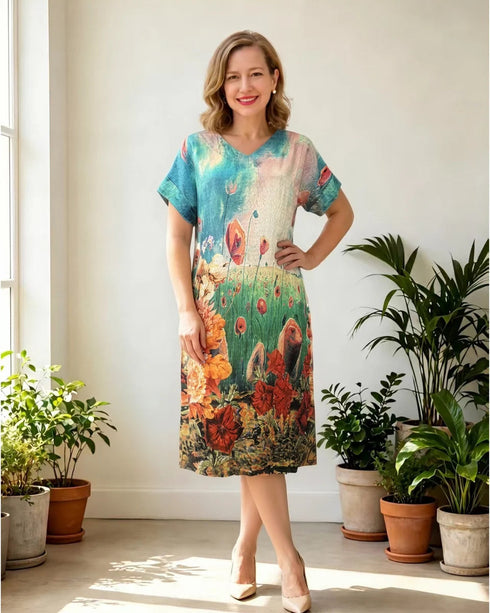 Glam Tall Poppy V Neck Cotton Dress