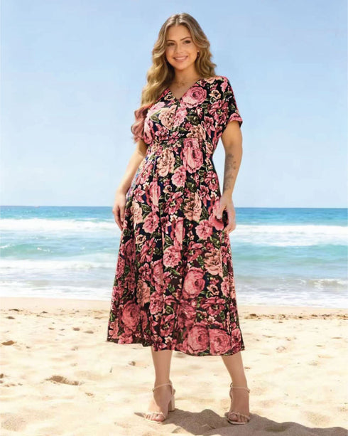 Glam Dress V Neck Elastic Waist - Wild Rose