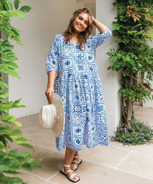 Elm Dolce Tile Midi Dress - Ocean Blue/White