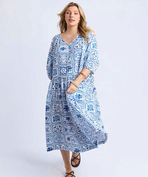 Elm Dolce Tile Midi Dress - Ocean Blue/White