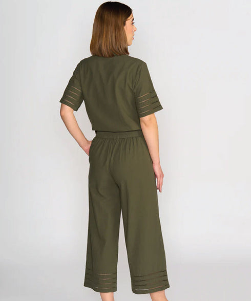 Vassalli Wide Leg 7/8 Cotton Pant with Detail Cuff - Olive