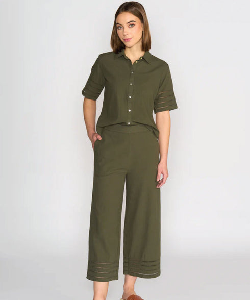 Vassalli Wide Leg 7/8 Cotton Pant with Detail Cuff - Olive