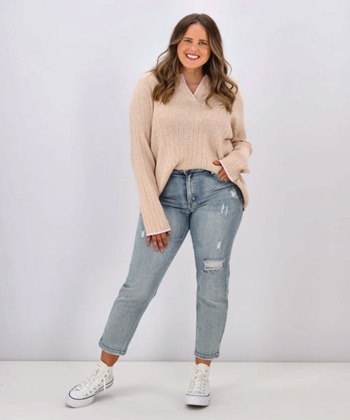 Elm Maple Open Collar Knit - Oatmeal