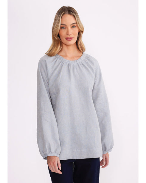 Yarra trail Shot Linen Top - Blue Mix