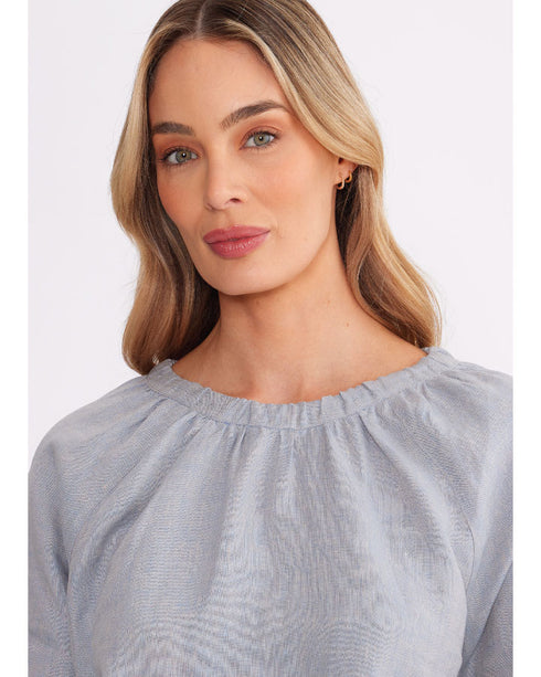 Yarra trail Shot Linen Top - Blue Mix