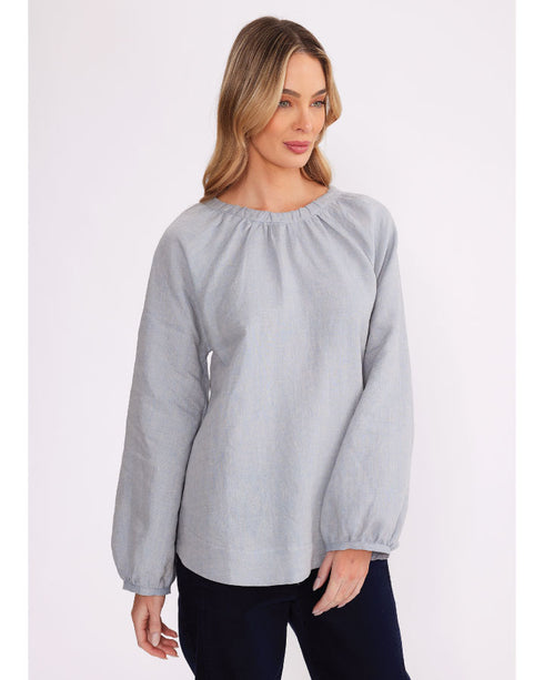 Yarra trail Shot Linen Top - Blue Mix