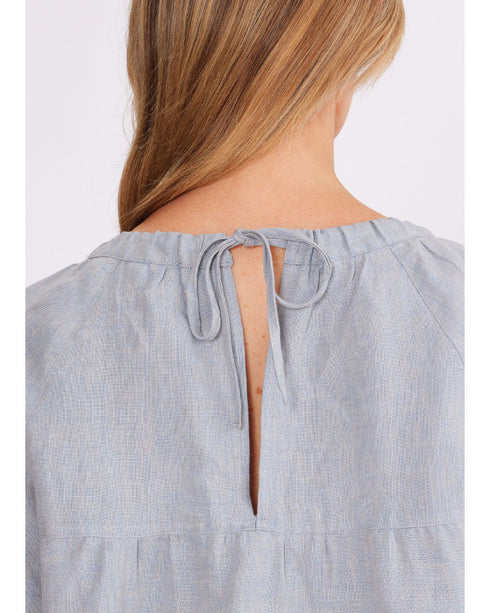 Yarra trail Shot Linen Top - Blue Mix