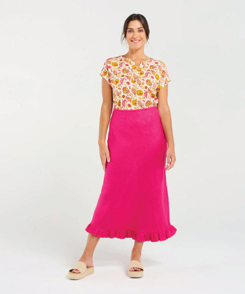 Black Stone Carine Frill Hem Linen Skirt - Rasberry Sorbet