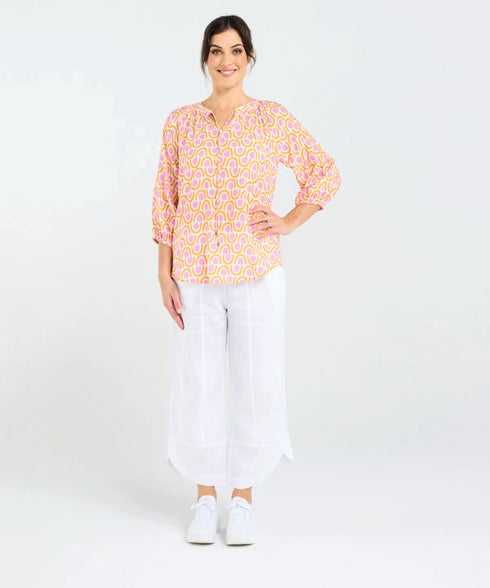 Black Stone Colette Gathererd Sleeve Top- Sunset Coral