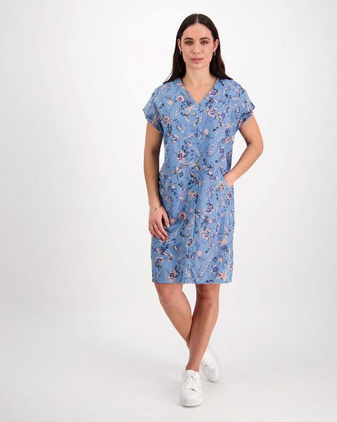 Vassalli Frosted Rose V Neck Dress with Button Detail down Back - 6067