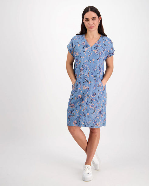 Vassalli Frosted Rose V Neck Dress with Button Detail down Back - 6067