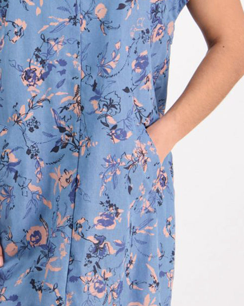 Vassalli Frosted Rose V Neck Dress with Button Detail down Back - 6067