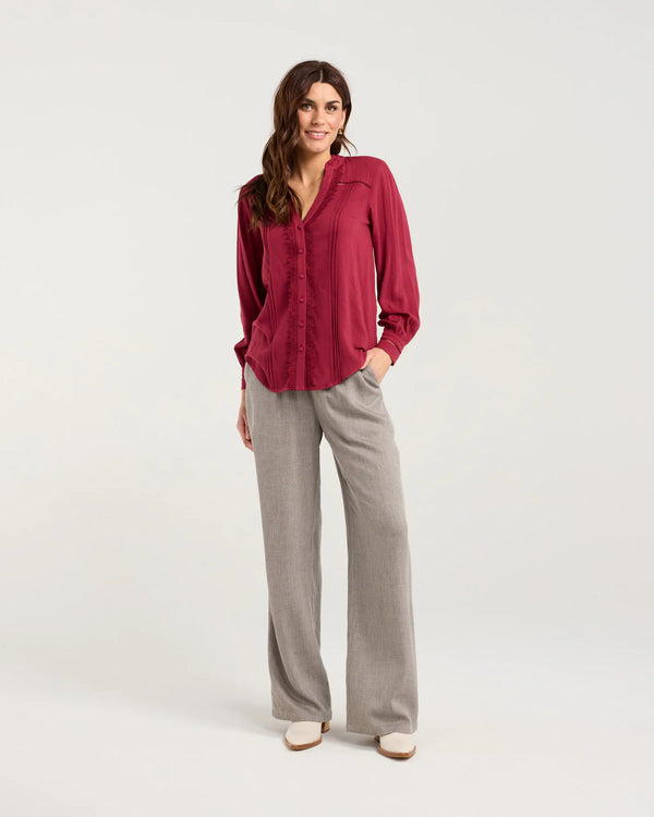 Black Stone Liberty Ruffle Neck Blouse - Port Wine