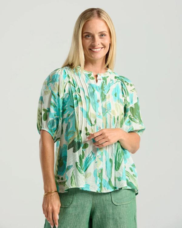 Black Stone Bridget Pin Tuck Top - Print - Spearmint Blue Floral