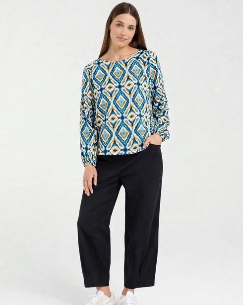 Black Stone Skylar Pintuck Sleeve Top - Regatta Blue Aztec