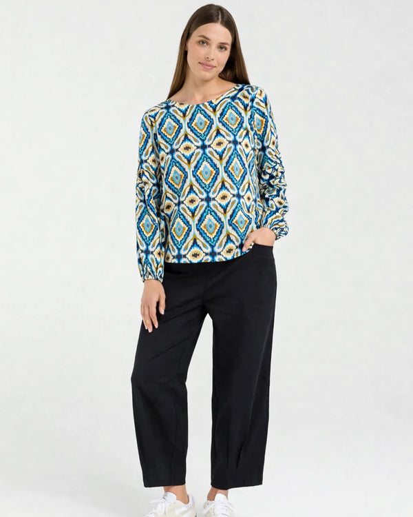 Black Stone Skylar Pintuck Sleeve Top - Regatta Blue Aztec