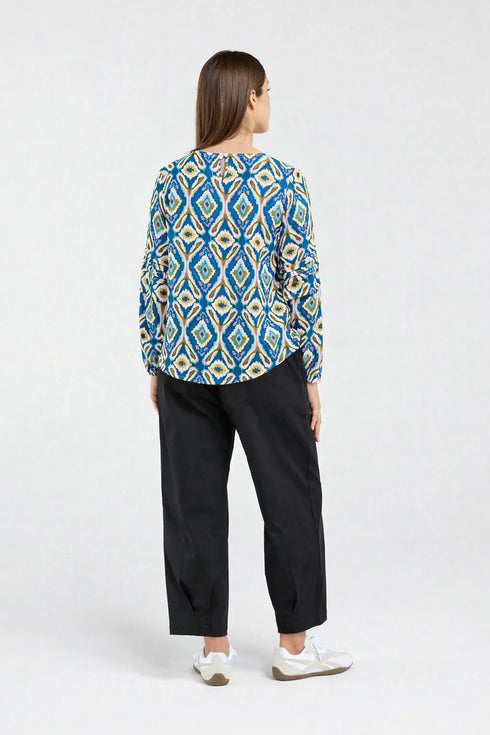 Black Stone Skylar Pintuck Sleeve Top - Regatta Blue Aztec