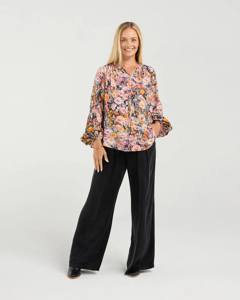 Black Stone Phoebe Gathered Sleeve Top - Monets Garden