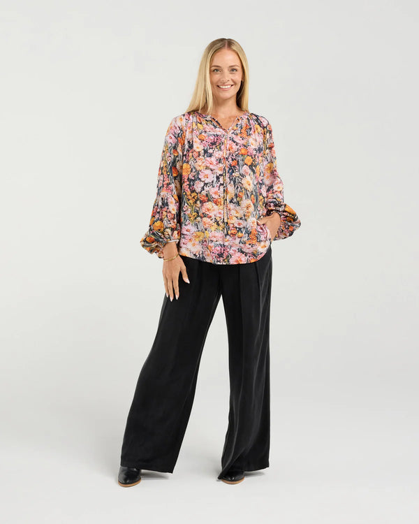 Black Stone Phoebe Gathered Sleeve Top - Monets Garden