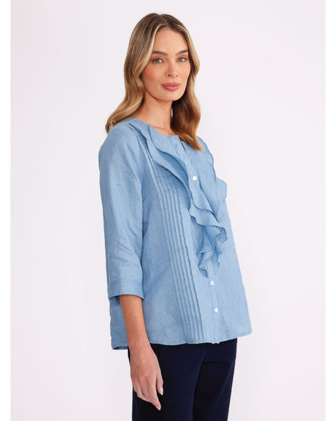 Yarra Trail Ruffle Linen Shirt - Bay Blue