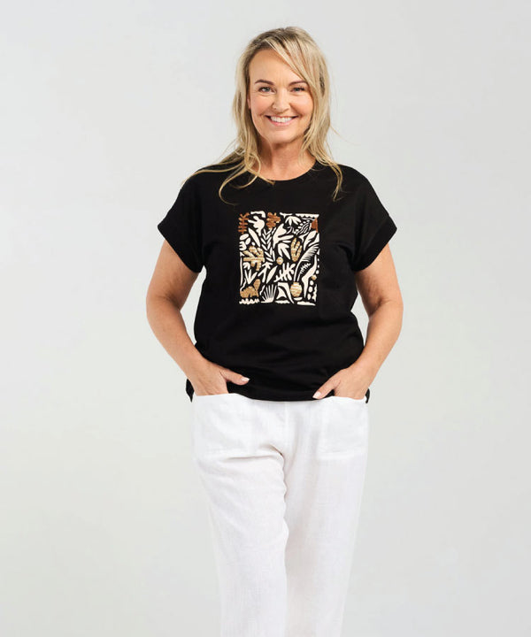 Black Stone Palm leaf Sequin Tee - Black