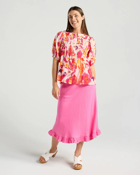 Black Stone Bridget Pin Tuck Top - Print - Mandarin Pink Floral