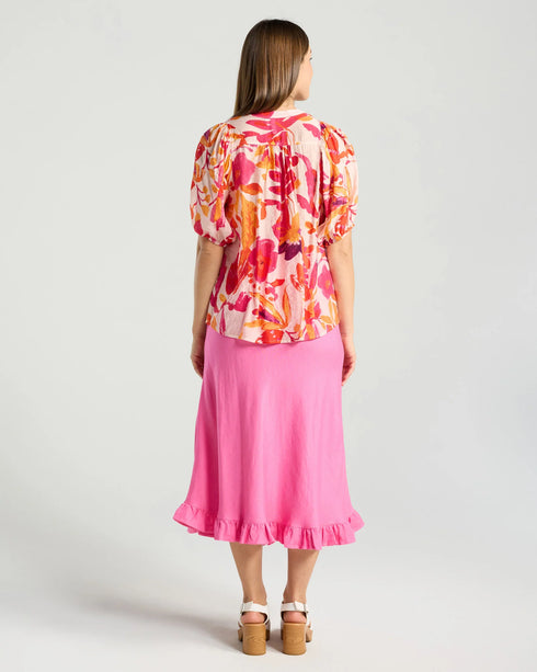 Black Stone Bridget Pin Tuck Top - Print - Mandarin Pink Floral