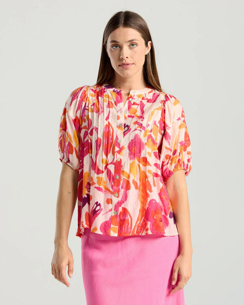 Black Stone Bridget Pin Tuck Top - Print - Mandarin Pink Floral