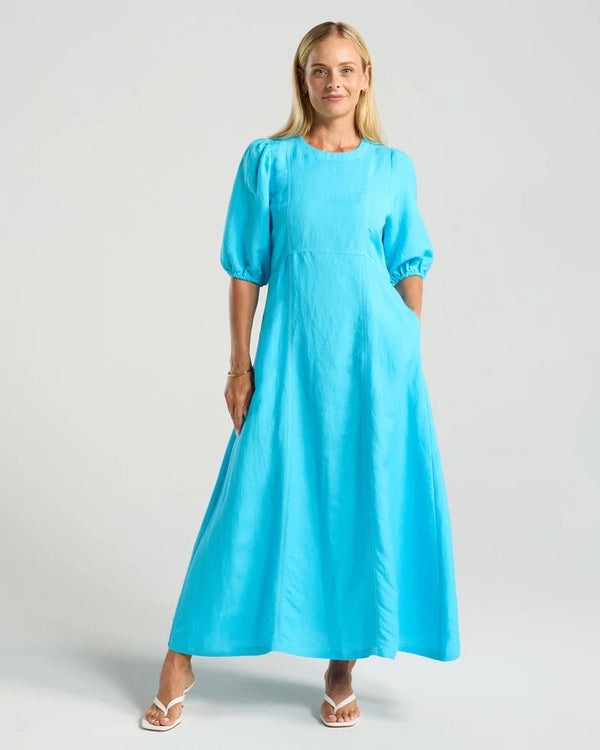 Black Stone Lorella Contrast Puff Sleeve Dress - Hawaiian Blue