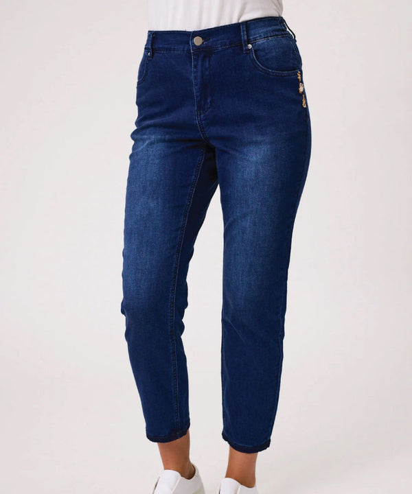 Classified Knit Denim 7/8 Jean with Brooch Detail
