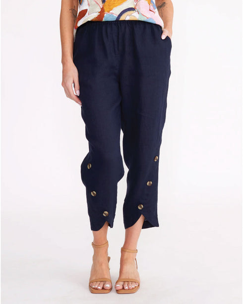 Yarra Trail Button Leg Detail Linen Pants - navy