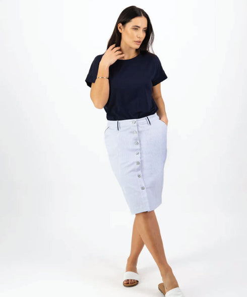 Vassalli Blue Stripe Knee Length Button Front Skirt