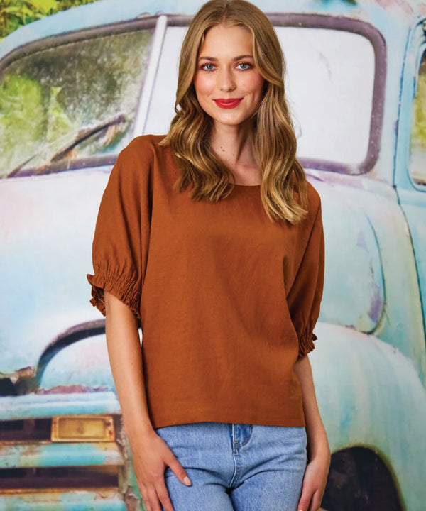 Classified Santorini Linen Blend Top - Cinnamon