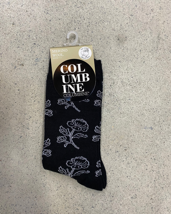 Columbine Merino Socks 9-11 Black flower