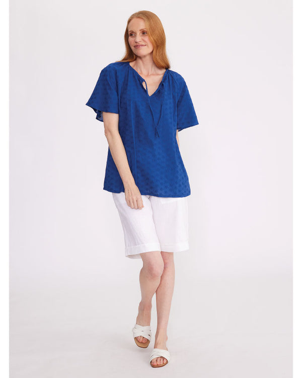 Yarra Trail Fluted Sleeve Embroidered Cotton Top - Regal Blue