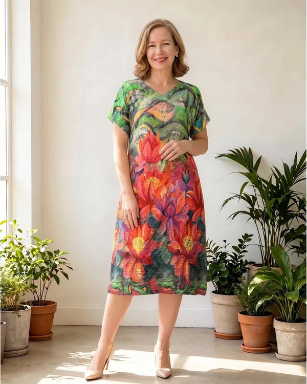 Glam Orange Water Lily V Neck Cotton Dress