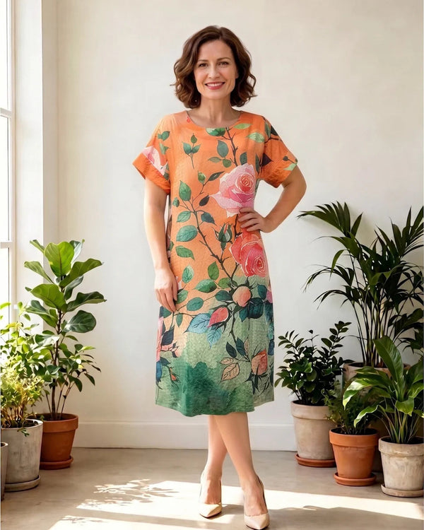 Glam Round Neck Orange Roses Cotton Dress