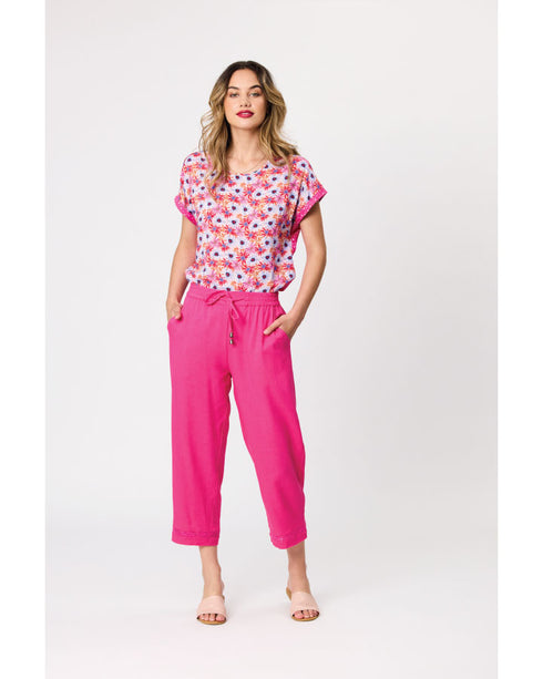 Democracy Gina Broderie Trim 7/8 Pant - Hot Pink