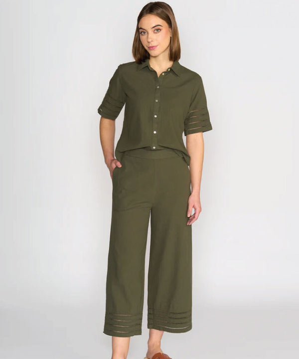 Vassalli Wide Leg 7/8 Cotton Pant with Detail Cuff - Olive